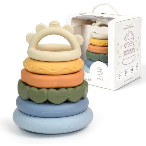 LITTLE RAWR 2-in-1 Baby Stacking Rings & Teething Toys, Food Grade Silicone Montessori Stacking Toy for Babies 6-12 Months, Sensory Learning & Fine Motor Skills Toy, Baby Gift for Boys Girls (Sun)