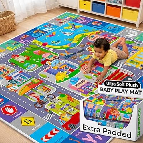 QUOKKA Baby Mat for Floor Play for Babies 6-12 Months – Super Soft Baby Floor Play Mat for Toddlers 1-3 – ABC City Extra Thick Plush Rug for Nursery – Padded Foldable Activity Infant Playroom Carpet