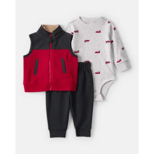 Baby Boy 3-Piece Christmas Tree & Truck Print Vest, Bodysuit & Pant Set - Red/Black/Grey | Carter's