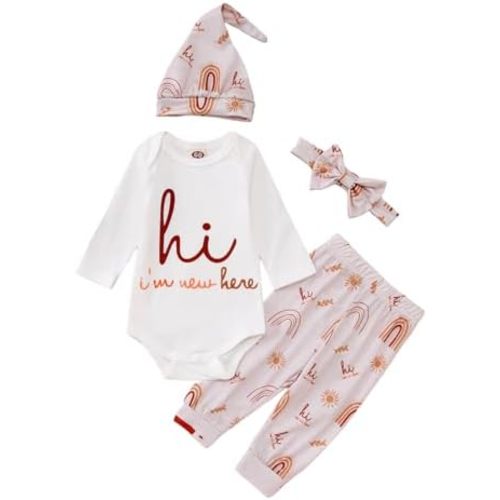 CM C&M WODRO Newborn Infant Girl Clothes Baby Coming Home Hospital Outfit I'm New Here Bodysuit Romper Pants Hat Headband