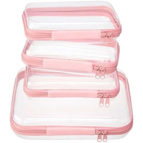4 pcs Clear Zipper Pouches,Hard Shell Zipper Case, Toiletry Bag for Travel, CLear Diaper Bag, Toiletry Pouch, Travel Organizer, Clear Cosmetic Bag,Toy Storage Bins (M+3S) (Light Pink)