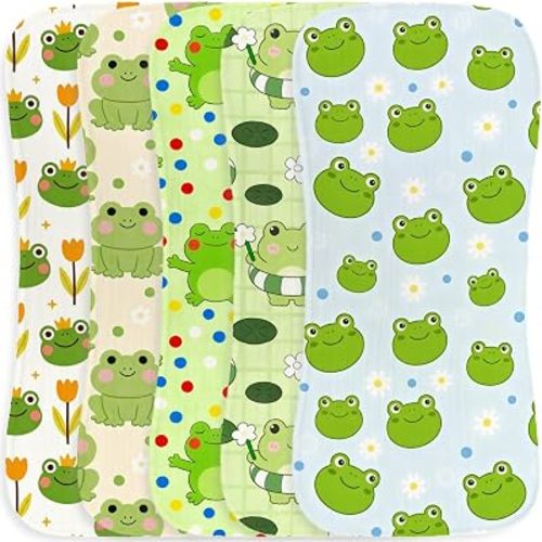 5Pcs Frog Baby Burp Cloths Cotton Burp Rags for Girls Boys, Frog Baby Shower Newborn Gift, Soft and Absorbent Baby Burping Cloths for Newborns 9.8X19.6inches