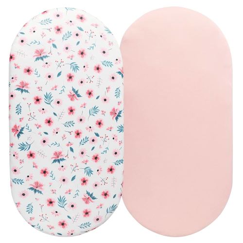 Bassinet Sheet Set 2 Pack Snug Fitted Cradle Fitted Sheets, Stretchy Ultra Soft, for Oval Rectangle Hourglass Bassinet Mattress, Unisex Boy Girl, Floral & Pink