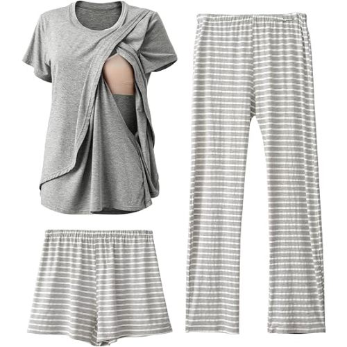 Rnxrbb 3 Piece Postpartum Nursing Pajamas Set Maternity Breastfeeding Pjs | Easy Side-Access Breastfeeding Sleepwear Lounge Clothes, Adjustable High-Waist Pants&Shorts for Pregnancy and Postpartum