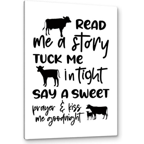 PHAMTE Cow Nursery Decor, Cow Wall Decor- Read Me a Story Tuck Me In Tight, Farm Nursery Decor, Farm Animal Cow Poster Print Framed Canvas Painting For Kids Bedroom Nursery Home Decor(16x24 Inch)