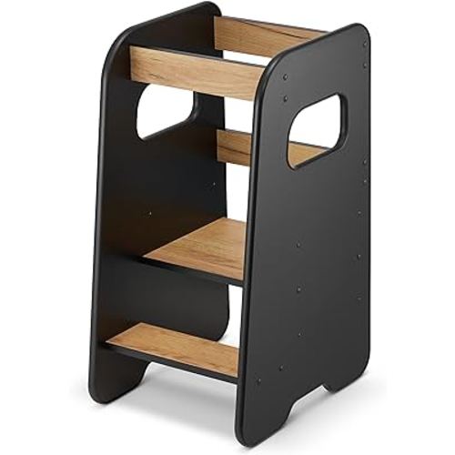 Toddler Tower - Kitchen Step Stool Helper with Rubberized Edges - Stylish Standing Tower for Learning Skills - Height Adjustable, Oak&Black