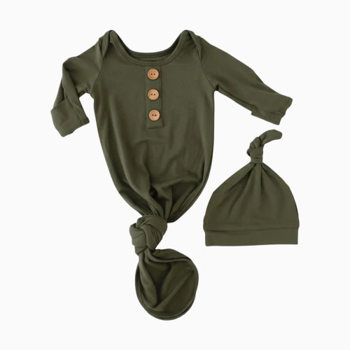 Caden Lane Bamboo Baby Knot Gown & Hat - Solid Olive, Newborn