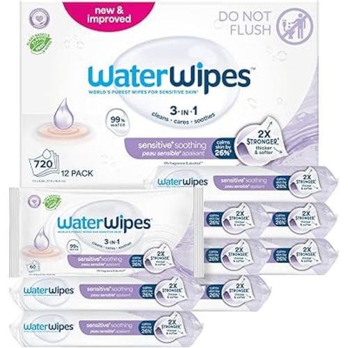 WaterWipes Plastic-Free Soothing Clean 99% Water Based Botanical Baby Wipes, Unscented & Hypoallergenic for Sensitive Skin, 12 Resealable Packs (720 Wipes)
