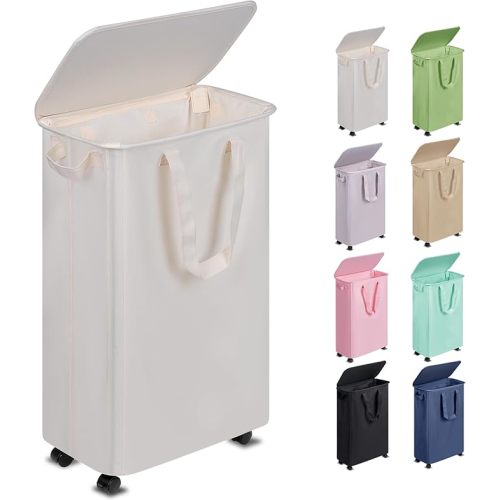 Slim Laundry Hamper with Lid and Wheels, Small Rolling Laundry Basket with Handle for Small Spaces, Tall Dirty Clothes Hampers for Dorm, Bathroom and Bedroom, 55L, Beige