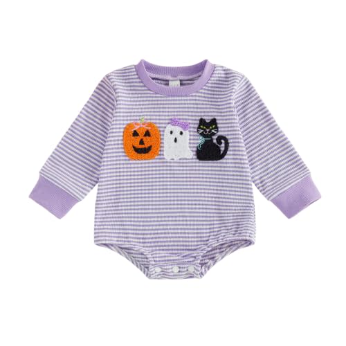 Baby Boy Girl Halloween Outfit Embroidery Striped Long Sleeve Bubble Romper | Karuedoo Newborn Baby Boy Girl Halloween Outfit Pumpkin Ghost Embroidery Striped Long Sleeve Bubble Romper Waffle Bodysuit