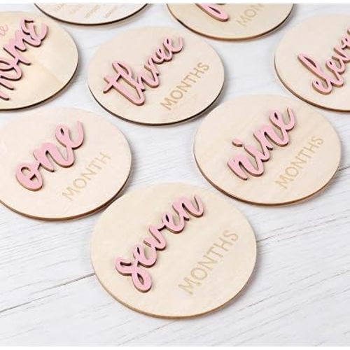 8PCS Baby Monthly Milestone Signs Month Milestone Baby Markers for Girl Boy 3D Baby Milestone Discs Wooden Hello World Newborn Signs 1-12 Month Baby Announcement Sign for Baby Shower Hospital Nursery