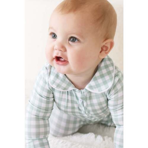 Peter Pan Collar Zipper Footie | Moss Gingham