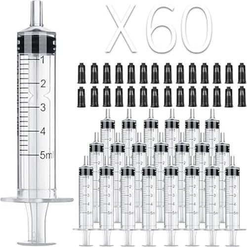 60Pack 5ml Syringe Without Needle - 5 ml Small Plastic Syringes Sterile Individually Packed with Cap for Lab Medicine Student Measuring Liquid and Pet Dog Cat Baby Feeding Oral Colostrum ( 5cc /ml )