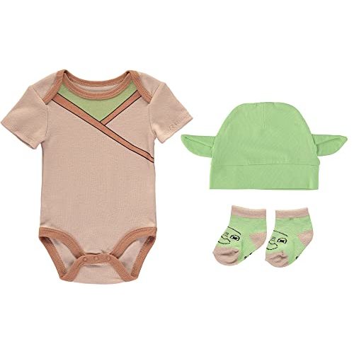 Happy Threads Baby Boys' Star Wars Yoda Baby Boys | Bodysuit Bootie Socks and Hat 3 Piece Gift Set