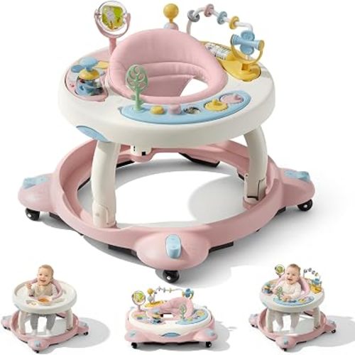 Baby Walker with Wheels, Foldable Baby Walker for Baby 6-12 Months, 3-Position Rotating Seat with Interactive Activity Center, Music Buttons, Baby Walkers for Boys Girls(Pink)