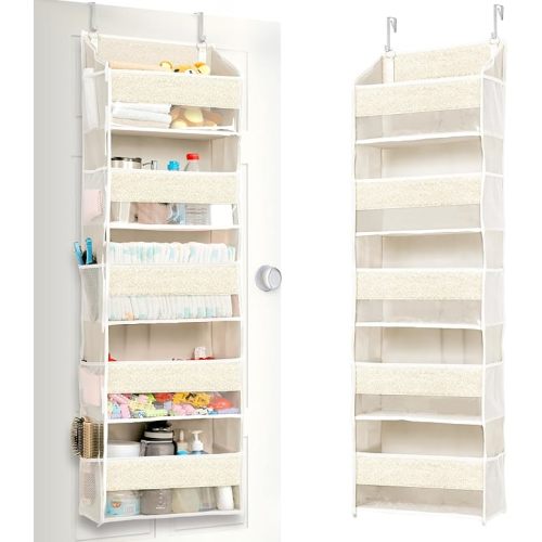 ULG 1 Pack Over Door Organizer with 5 Large Pockets 10 Mesh Side Pockets, Upgraded Linen Texture Over The Door Storage, 44 lbs Weight Capacity Hanging Storage Organizer, Ivory