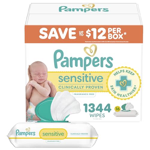 Pampers Baby Wipes, Sensitive, Water Based Wipe, Clinically Proven, Hypoallergenic, and Unscented for Babies, 1344 Wipes Total (16 Flip-Top Packs) [Packaging May Vary]