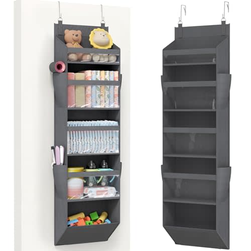 Lifewit 1 Pack Over the Door Organizer, 5 Section Clear Window Hanging Storage with 4 Side Pockets, Sturdy Anti Tilt 40 lbs Load Behind Door for Closet, Bedroom, Bathroom, Nursery, Dorm, Gray