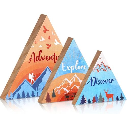 Jetec 3 Pcs 3 Size Wooden Mountain Sign for Cabin, Rustic Mountain Wall Decor, Adventure Camping Cabin Decor Sign for Living Room Bedroom Shelf Decoration(Orange and Blue)