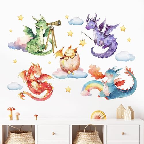 Mfault Baby Dragon Wall Decals Stickers, Watercolor Dragon Eggs Decoration Nursery Kids Bedroom Art, Rainbow Cloud Stars Neutral Toddler Girls Boys Playroom Living Room Decor