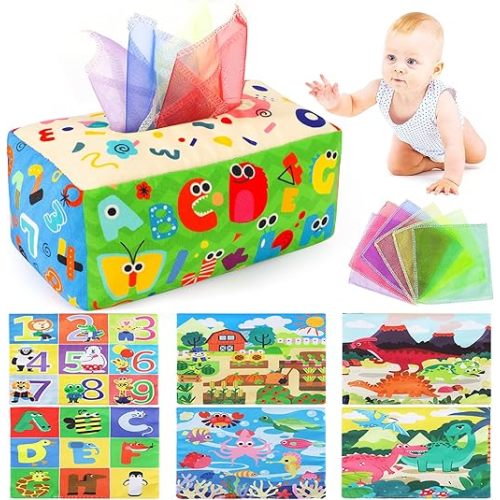 URMYWO Baby Tissue Box Toy - Montessori Baby Toys for 6-12 Months 1 Year Old Boy Girl - Soft Crinkle Sensory Toys for Infant Toddlers - Easter Basket Essentials Stuffers - Baby Boy Girl Gifts