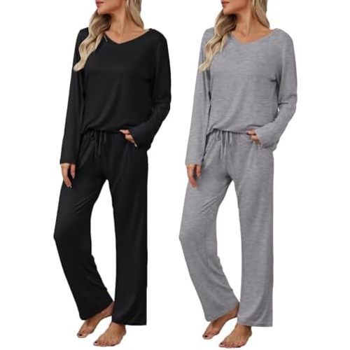 Ekouaer Women's 2 Pack Long Sleeve Pajama Sets V Neck Lounge Sets