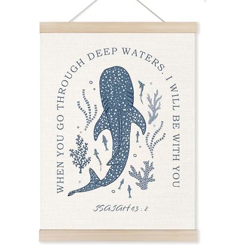 HUGANE Whale Shark Christian Wall Decor, saiah 43:2 Bible Verse Wall Art Poster, Religious Bible Scripture Wall Art, Backdrop Decor for Home Bedroom Living Room Office, 12x16 Inches