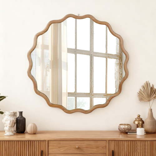 Natural Wood Wavy Round 30 Inch Decorative Mirror with Solid Wood Frame for Bathroom Vanity Bedroom Living Room Entryway Wall Decor