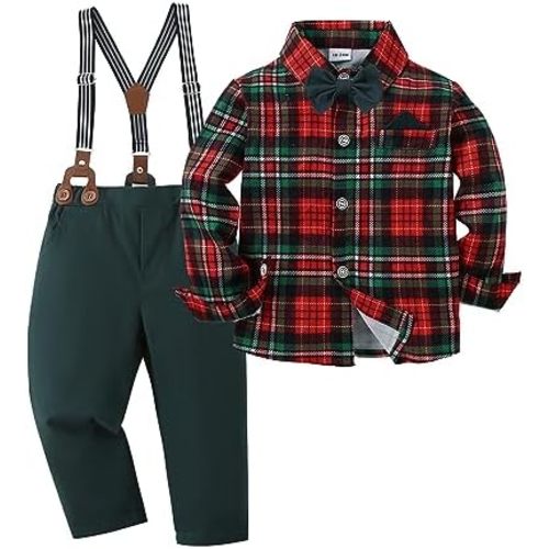 CARETOO Toddler Boy Clothes Suit Gentleman Wedding Outfits Kids Formal Dress Shirt Bowtie Long Suspender Pants Overalls 1-5T