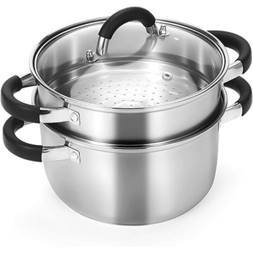 Kirecoo 3.2QT Steamer for Cooking - Stainless Steel Steam Pot with Steamer Basket, Cooking Stock Pot with Silicone Handle, Lid for Vegetable, Dumplings, Soup, Food, 3Ply Bottom Boiling Stew Cookware