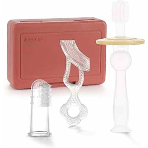 haakaa Training Toothbrush Set Oral Care Kit, Soft Silicone Toothbrush for Baby, Infants, Toddlers & Kids, Rust Color