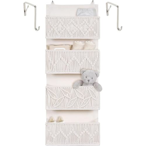 janebeauties Over the Door Organizer Macrame Boho Nursery Storage with 4 Large Woven Pockets, Hanging Basket for Bathroom, Nursery & Closet Doors, Behind the Door Storage Organizer, Cream White