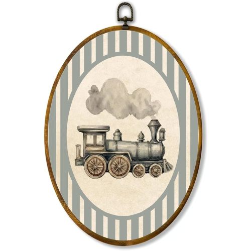 Steam Train Wall Art Decor, Rustic Vintage Railroad Oval Canvas Framed Art Prints, Retro Locomotive Wall Hanging Decorations for Farmhouse Bedroom Bathroom Living Room Nursery, 8.5x11.5 Inch