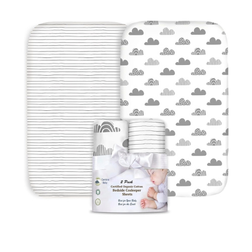 100% Organic Cotton 2 Pk Bedside Sleeper Bassinet Fitted Mattress Sheets Perfectly Compatible with Mika Micky, Baby Delight, Ronbei, Chicco, Cloud Baby, AMKE, Angelbliss, Arm's Reach. Cloud, Stripe