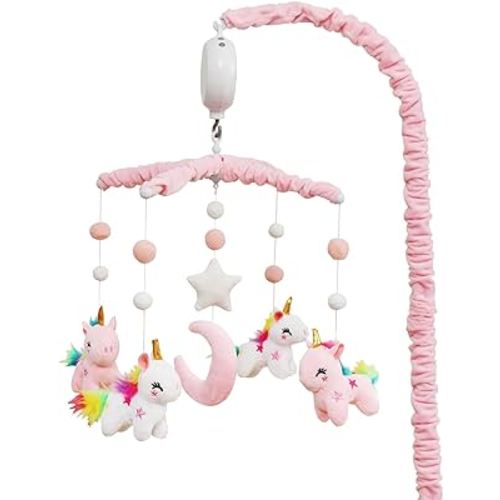 Baby Crib Mobile - Unicorn Crib Mobile for Girls with 25 Inches Mobile Arm and 35 Lullabies Musical Box, 3 Modes Digital, Volume Control, Essential Gift for Infant Bedroom Hanging Decor