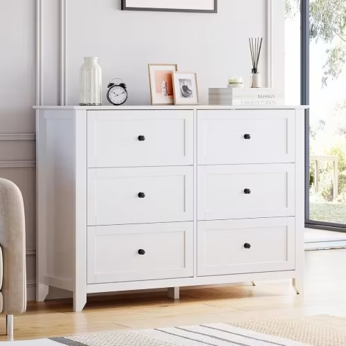 Acekool Dressers 6-Drawer Tall Dresser Organizer, Deep Storage Chest, Handles, Modern Farmhouse for Bedroom, Closet, Living Room, White