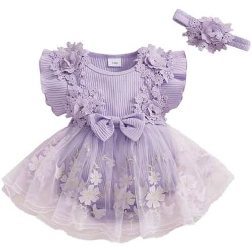 Douhoow Baby Girl Romper Dress Baby Dress Romper Flowers Lace Infant Girl Spring Summer Clothes with Headband