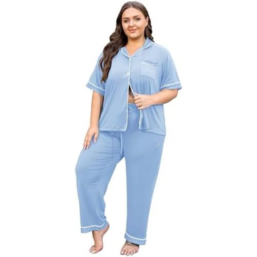 Vozanet Women's Plus Size Pajamas Button Down Shirt and Pants Soft Lounge Sets Bride Nighty Bottom with Pockets 1x to 5x