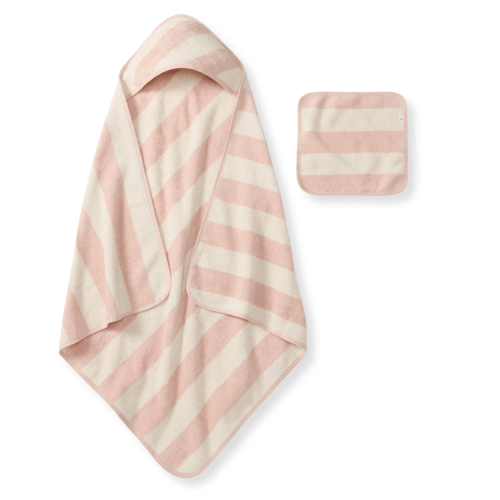 Organic Cotton Rugby Stripe Woven Terry Towel & Washcloth Set - Pink Sand