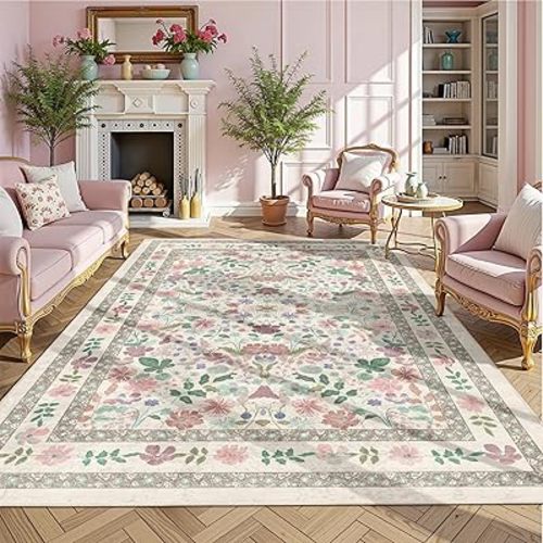 Deerly Floral Area Rugs 5x7 Vintage Boho Washable Non-Slip Living Room Carpet Soft Low Pile Thin Bedroom Floor Mat Indoor for Dining Room Playroom Nursery Farmhouse, Beige/Light Pink/Multi