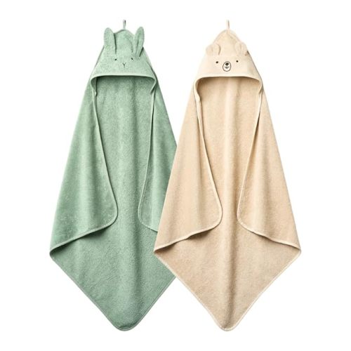 Huxie Hooded Baby Towels – 100% Organic Cotton Baby Bath Towels – Baby Boy and Girl Newborn Essentials - Super-Soft and Absorbent. (2-Pack Fog Bear and Roman Green Rabbit)