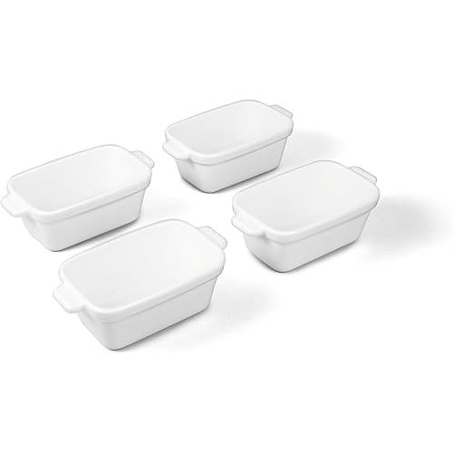 Souper Cubes Stoneware - Small Ceramic 5" x 3" Baking Dish with Silicone Covers, Small Baking Dishes for Oven Perfect for Reheating Single Serve Portions, Set of 4 - White