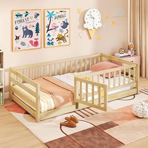 Giantex Twin Floor Bed with High Fence & Door, Montessori Floor Bed with 21.5" Safety Guardrails, Solid Wood Twin Beds Frame for Kids Girls, Boys, Without Slats, Natural