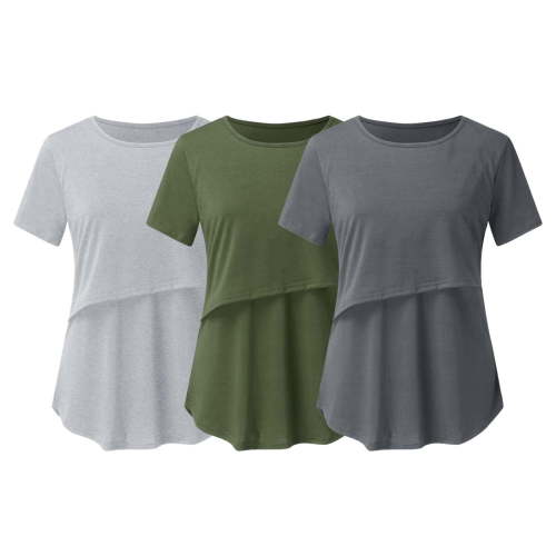 Jgppe 3 Pack Women's Nursing Shirts for Breastfeeding Double Layer Soft Short Sleeve Tops Maternity Clothes