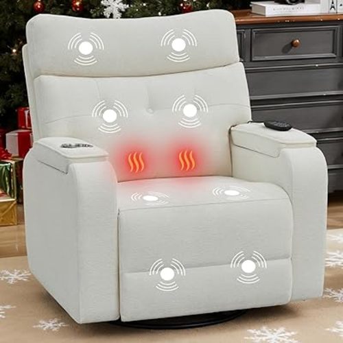 Swivel Power Recliner with Massage & Heat, Power Rocker Recliner with Type-C Port & Timing, Oversized Rocking Recliners with Dual Storage Arms & Cup Holder for Living Room, Chenille White