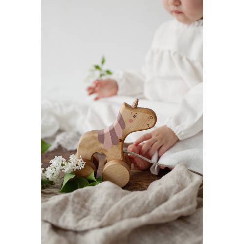 Wooden Pull Toy Unicorn, Personalized Toy for 1 Year Old Girl