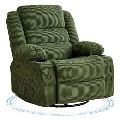 Rocking Recliner Chair for Adults, 360° Swivel Rocker with Cup Holder, Corduroy Upholstered Deep Seat Nursery Glider, Green