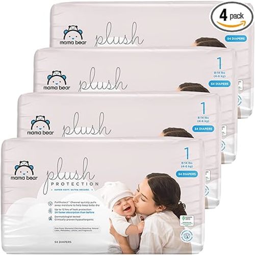 Amazon Brand - Mama Bear Plush Protection Disposable Baby Diapers, Hypoallergenic, Fragrance-Free, Leak Protection, Size 1, Wetness Indicator, 216 Count (4-Pack), White and Cloud Dreams
