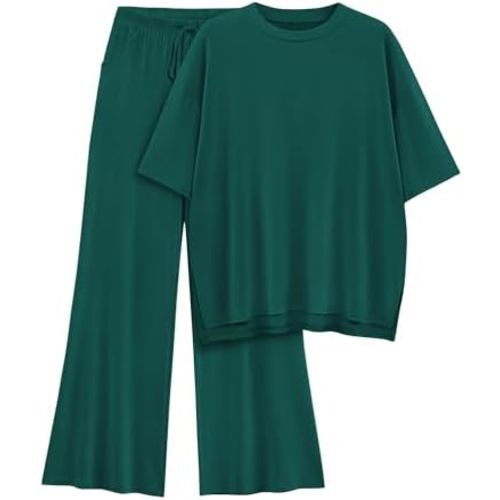 Womens Lounge Set 2 Piece Outfits Casual Loose Fit Short Sleeve Tops and Wide Leg Pants Tracksuits