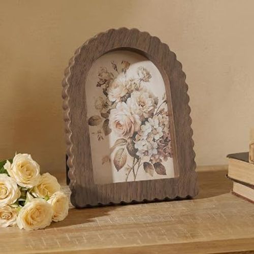 AceOrbit 4x6 Inch Scalloped Walnut Color Picture Frame Vintage Wavy Arch Edge Wooden Real Glass Photo Frame for Desktop Display Home Decor Family Friends Wedding Graduation Gifts